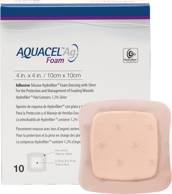 AQUACEL Ag Foam Adhesive Dressing 4" x 4", 2.75" x 2.75" Pad Size