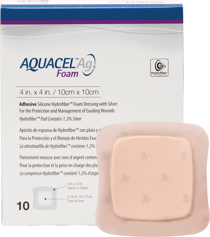 AQUACEL Ag Foam Adhesive Dressing 4" x 4", 2.75" x 2.75" Pad Size