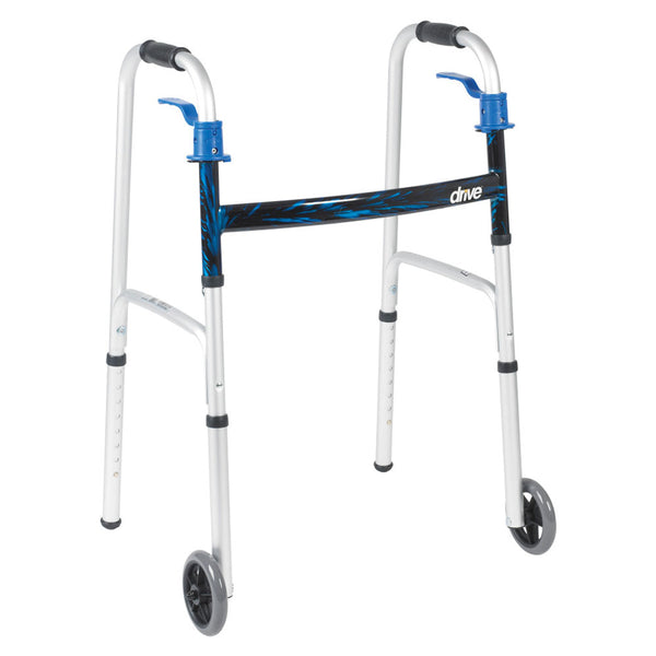 Deluxe Trigger Release Folding Adult Walker with 5" Wheels, Flame Blue Crossbrace