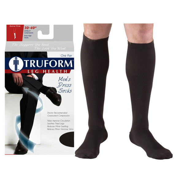 Truform Men's Dress Knee High Support Sock, 30-40 mmHg, Closed Toe, Black, Medium