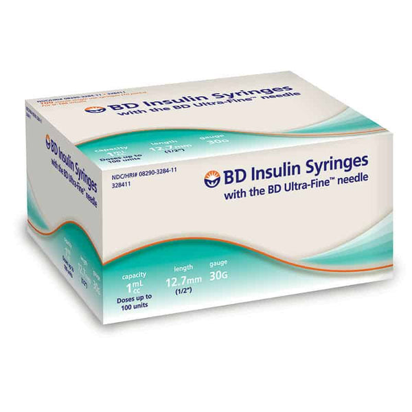 Insulin Syringe with Ultra-Fine Needle 30G x 1/2", 1 mL (100 count)
