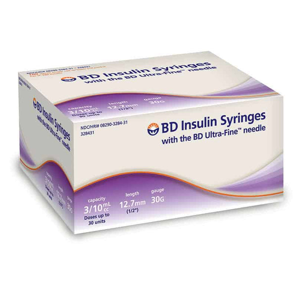 Insulin Syringe with Ultra-Fine Needle 30G x 1/2", 3/10 mL (100 count)