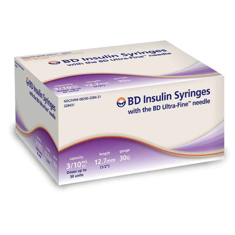 Insulin Syringe with Ultra-Fine Needle 30G x 1/2", 3/10 mL (100 count)