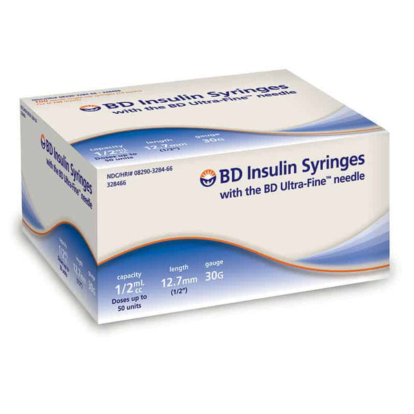 Insulin Syringe with Ultra-Fine Needle 30G x 1/2", 1/2 mL (100 count)